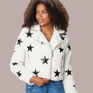 BLANK NYC Sherpa Jacket White Fuzzy With Black Faux Leather Stars Moto